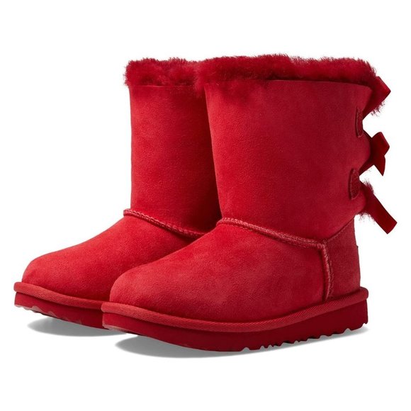NIB UGG GIRL'S BAILEY BOW SUEDE SHEARLING CLASSIC SHORT BOOTS RED - Picture 1 of 9
